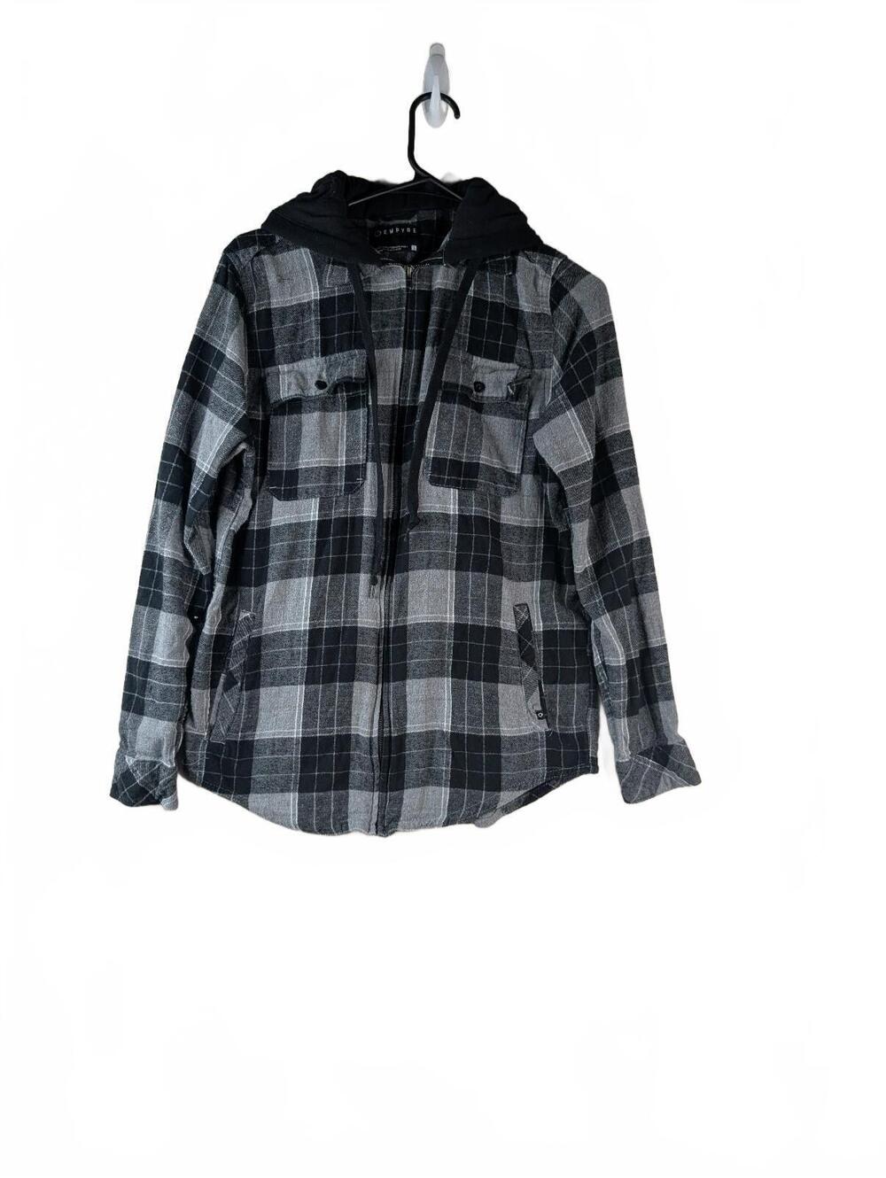 Empyre‎ Hooded Flannel Jacket Black and Gray Plaid, Size Small
